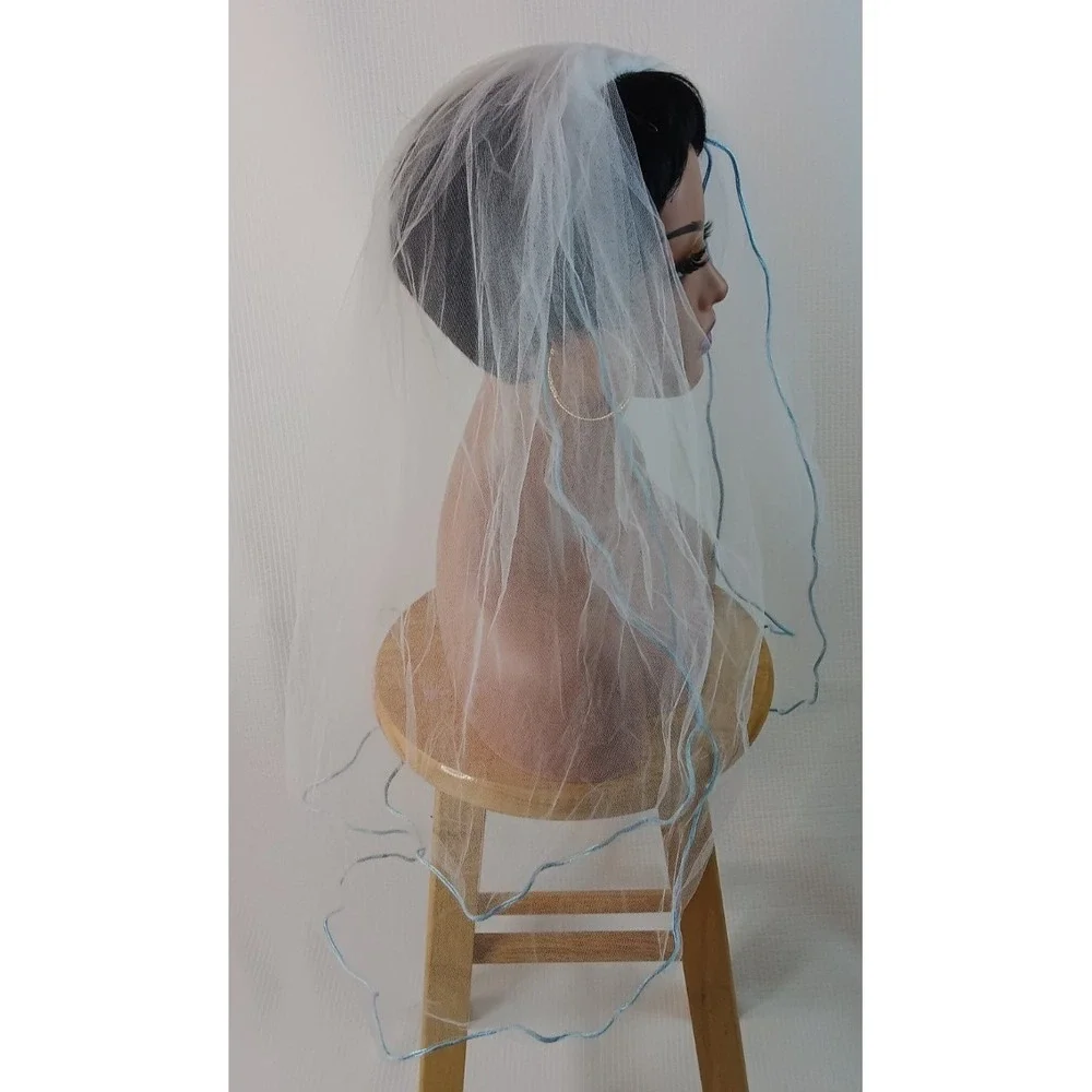 Bridal wedding Tulle net Blue Rolled hem Hair Comb layered short Veil 29.5